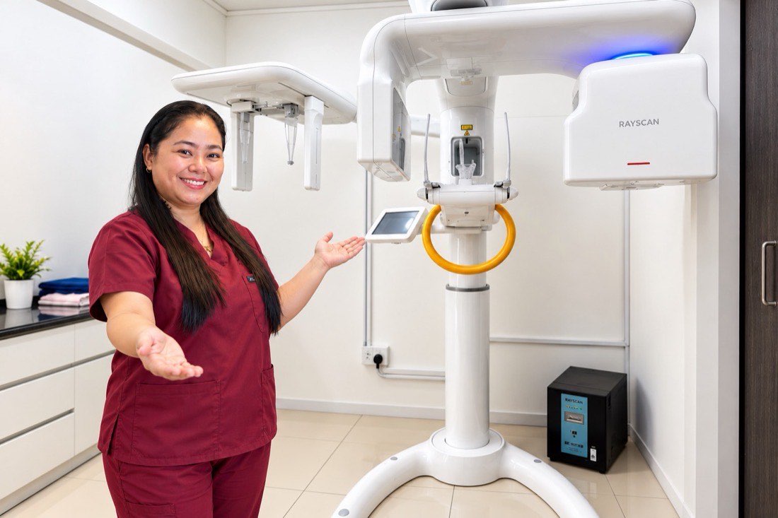 A team member demonstrating the clinic's digital X-ray equipment