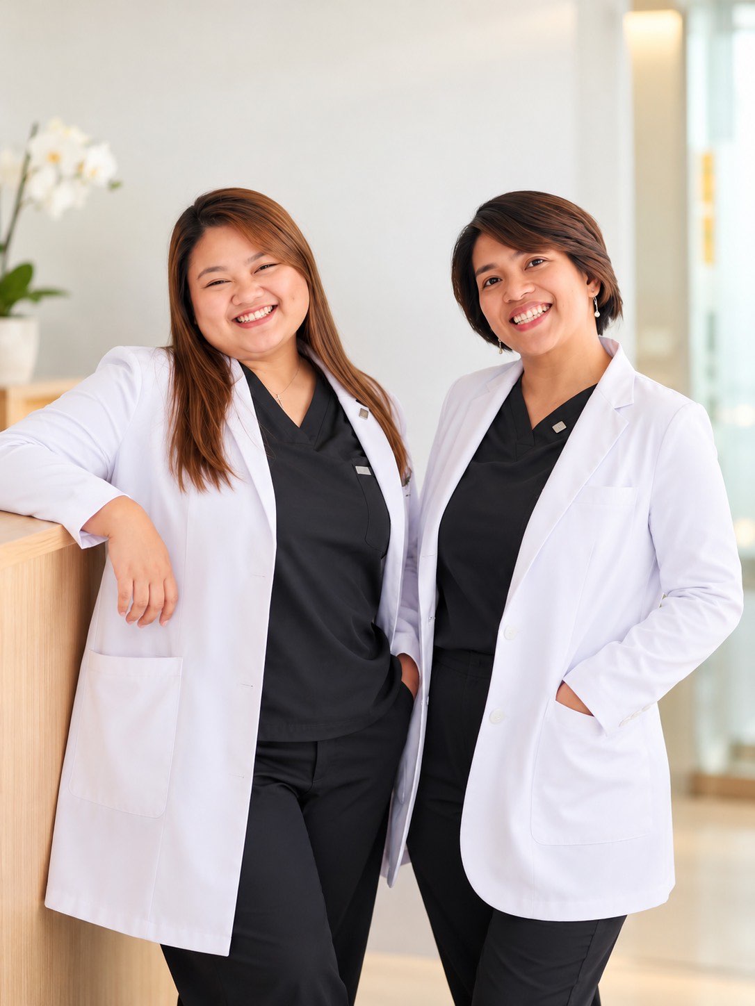 Dr. Hygiea Mei Osias and Dr. Ma. Jhoana Lerio standing together in white coats at the clinic reception